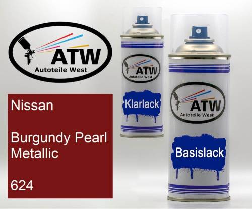 Nissan, Burgundy Pearl Metallic, 624: 400ml Sprühdose + 400ml Klarlack - Set, von ATW Autoteile West.
